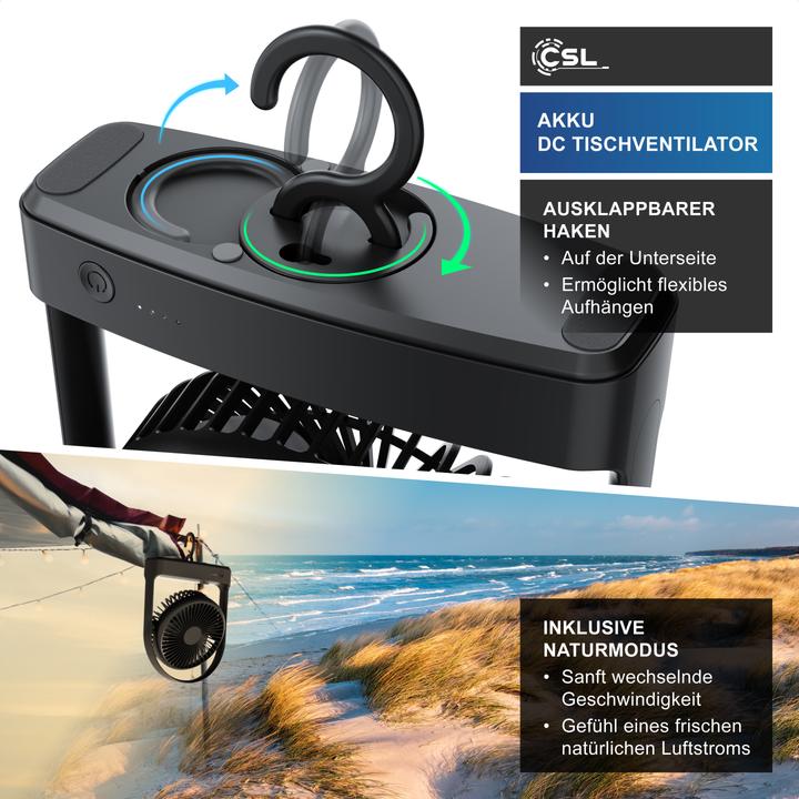 Produktbild CSL Akku Tischventilator, sehr leise, USB Mini Desk Fan, Schreibtischventilator, mobiler Lüfter DC Motor (46.40 dB)