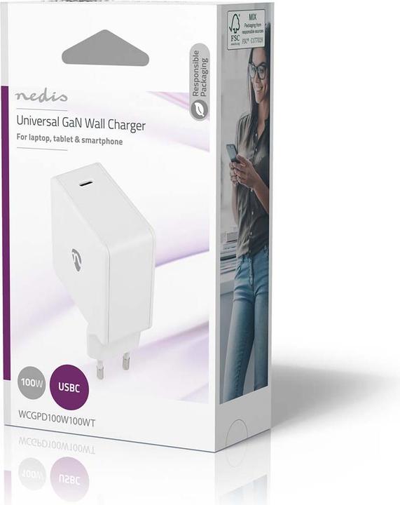 Immagine prodotto Nedis Caricabatterie da rete 100 W GaN a carica rapida 3.0 5.0 A A - Numero di uscite: 1, USB-C™, Auto (100 W)