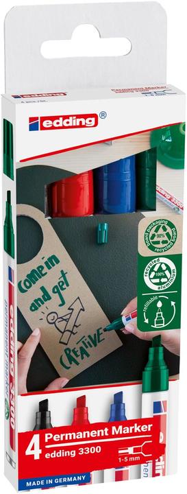 Actual product image Edding 3300 Permanent marker, assorted colours 1.0 - 5.0 mm, 4 pcs. (1x Black, 1x green, 1x blue, 1x Red, 5 mm, 4 x)