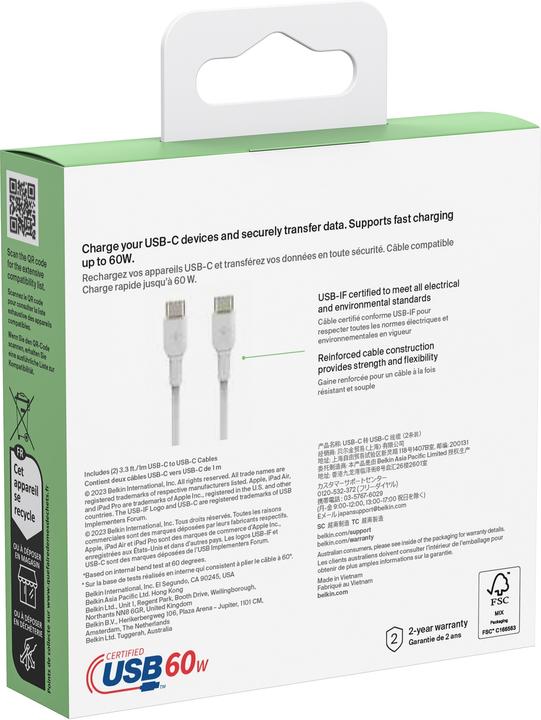 Actual product image Belkin USB-C to USB-C PVC White 1m Twin Pack (1 m, USB 2.0)