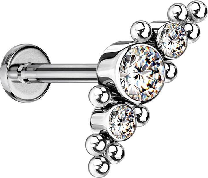 Star Piercing Micro Threadless Labret silber mittig mit Kugeln und drei Kristalle silber (ohne Messing, Titan G23)