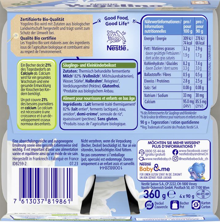 Valeurs nutritives et ingrédients Yogolino Bio Nature (360 g)