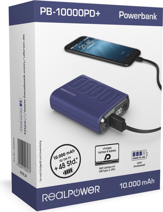 Produktbild RealPower Powerbank PB-10000 PD+ Midnight (10000 mAh, 18 W, 36 Wh)
