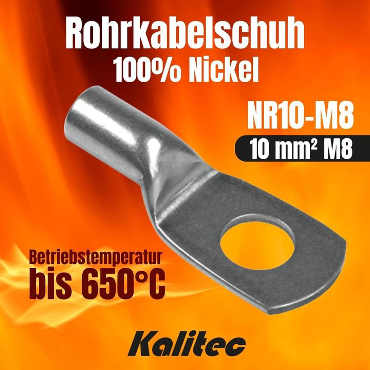 Produktbild Kalitec 10 Stück NR10-M8 Rohrkabelschuh Reinnickel 10mm² M8 I für sehr hohe Temperaturen bis zu 650°