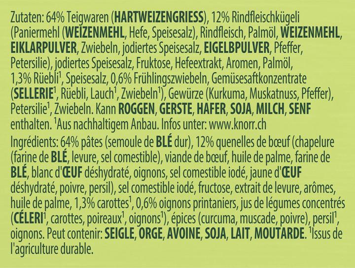 Nutritional values and ingredients Knorr Fidelisuppe with meatballs, bag of soup with juicy meatballs, fideli and fine vegetables