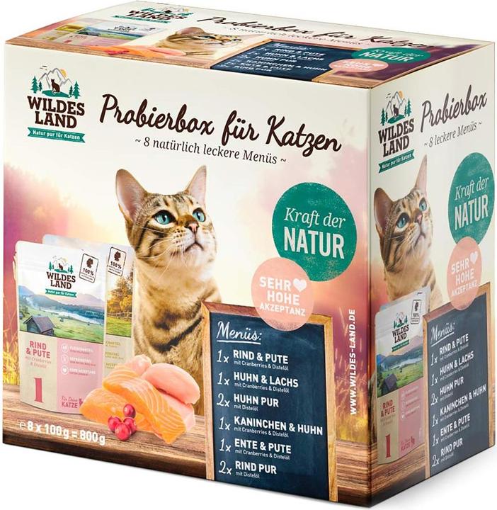 Produktbild Wildes Land Nassfutter Adult Pouch Probierbox 8 x 100 g (Adult, 8 Stk., 910 g)