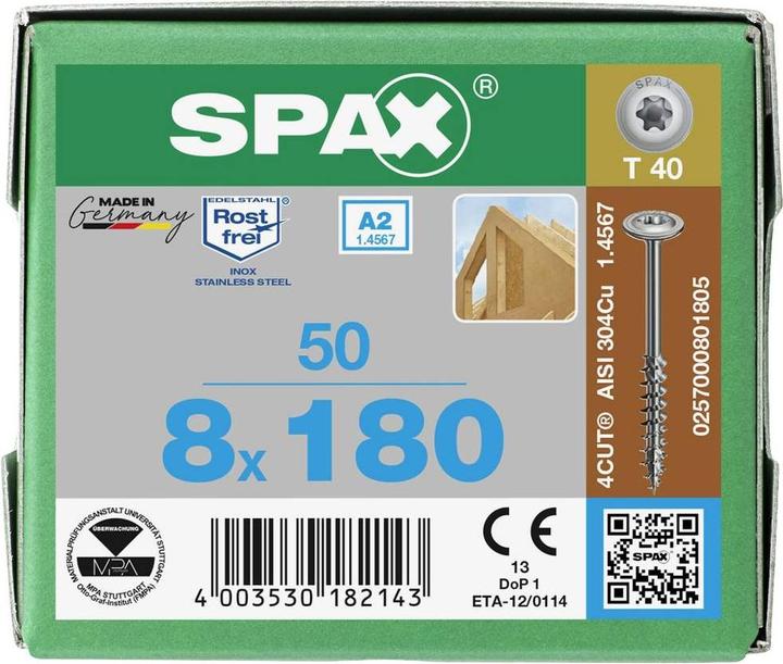 Image du produit Spax Vis à tête plate R 88193 avec pointe/T-STAR TG 8 x 180/80-T40 A 2 (50 Vis par pièce)