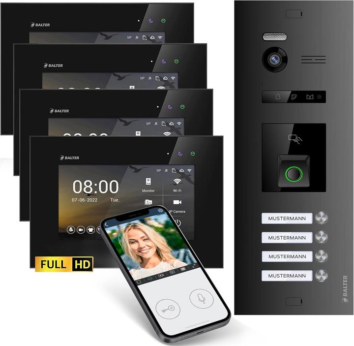 Produktbild Balter EVO-HD Video-Türsprechanlage mit Fingerprint für 4-Familienhaus (App, Kabelgebunden)