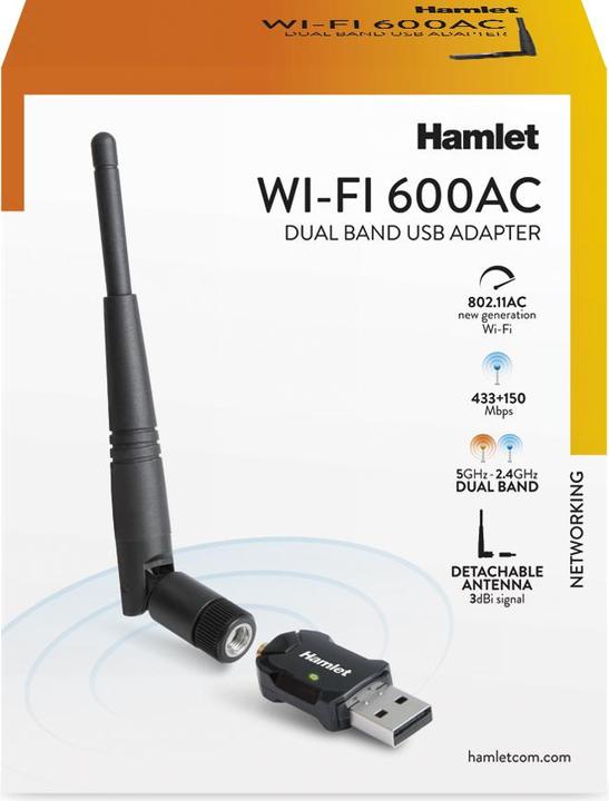 Produktbild Hamlet USB Wi-Fi Adapter 600Mbps Dual Band 5GHz + 2.4GHz Standard 802.ac mit abnehmbarer Antenne (USB)