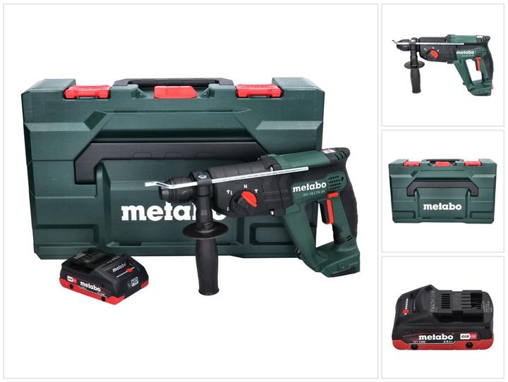 1x Metabo KH 18 LTX 24, 1x additional handle, 1x drilling depth stop, 1x Metabo LIHD 18 V 4.0 Ah CAS battery pack, 1x metaBOX 165 L