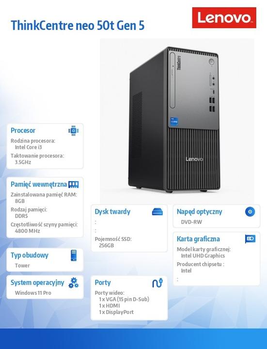 Produktbild Lenovo ThinkCentre neo 50t Gen 5 (Intel Core i3-14100, 8 GB, 256 GB, UHD Graphics 730)