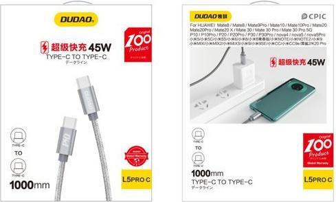 Image du produit Dudao Câble USB-C vers USB-C L5ProC PD 45W, 1m (gris) (1 m, USB 2.0)