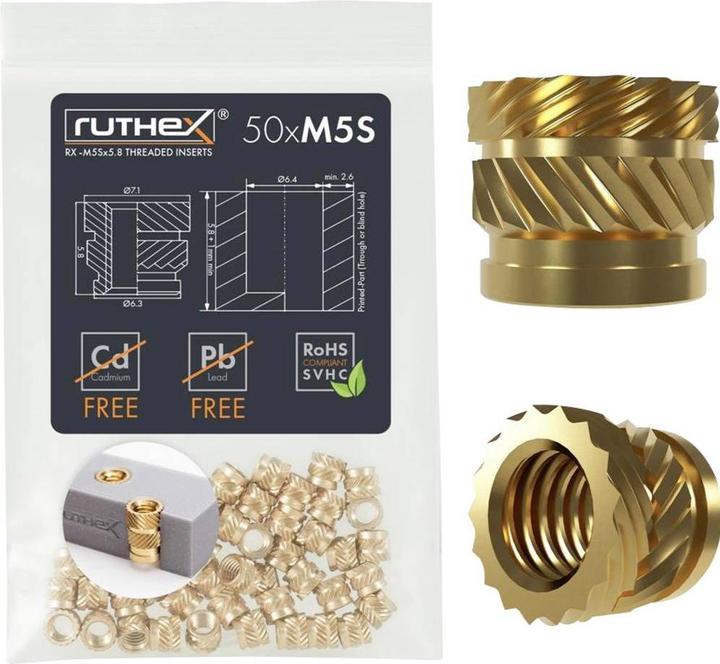 Immagine prodotto Ruthex M5 Gewindeeinsatz SHORT - 50 Stück RX-M5Sx5.8 Gewindebuchsen aus Messing