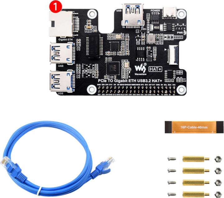 Image du produit WaveShare PCIe vers Gigabit ETH USB3.2 HAT+ pour Raspberry Pi5
