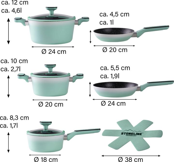 Produktbild Stoneline Mint Kochgeschirr-Set 11-teilig mit Deckeln, beschichtete Töpfe & Pfannen (Pfannenset + Topfset, Keramik)