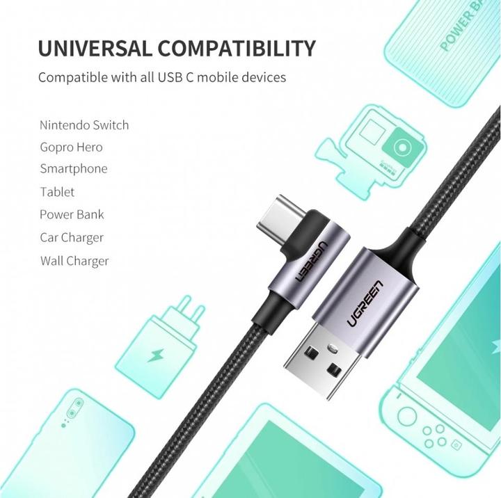Productafbeelding Ugreen USB-C Haaks naar USB-A 2.0 A 3A Datakabel (2 m, USB 2.0, 18 W)