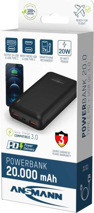Produktbild Ansmann Powerbank 20.000 mAh PB320PD USB-C Ein/Ausg (20000 mAh, 20 W, 74 Wh)