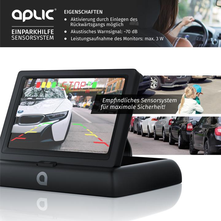 Produktbild Aplic Rückfahrkamera, Einparkhilfe mit 4x Parksensoren, Kamera & 4,3" Monitor mit Nachtsicht