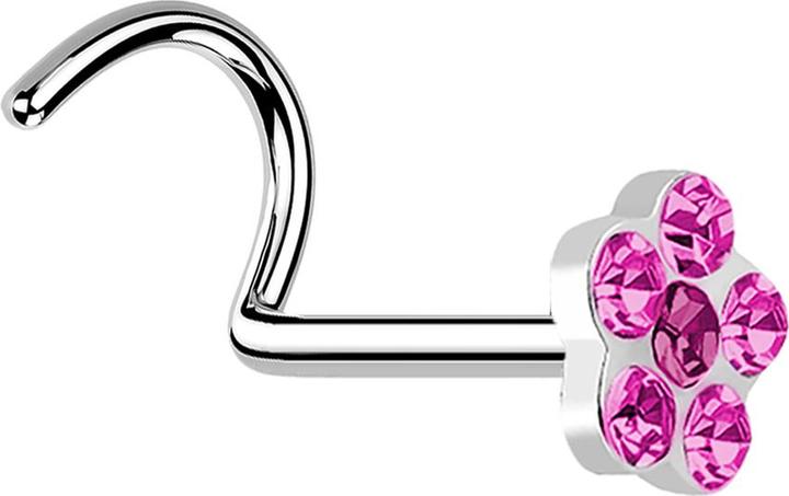 Star Piercing Nasenstecker gebogen silber mit Blume und 5 Kristalle pink (ohne Messing, Chirurgenstahl 316L)