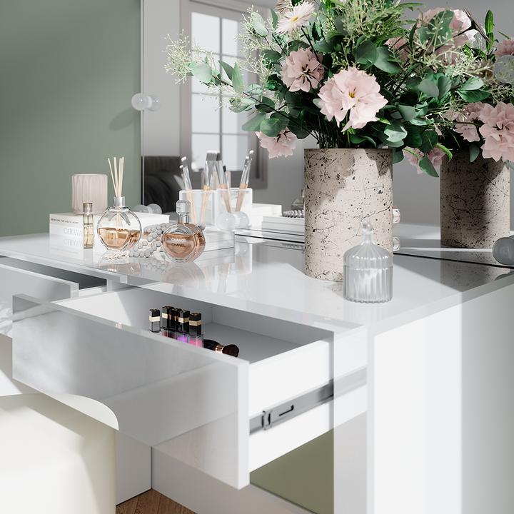 Produktbild Vichy Schminktisch Annabelle, Weiss Hochglanz/Weiss, 110 cm mit LED-Beleuchtung und Hocker (110 x 50 x 75.5 cm)