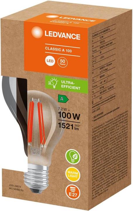 Image du produit Osram EFFICACITÉ ÉNERGÉTIQUE FILAMENT A 100 72 W E27A (E27, 7.20 W, 1521 lm, 1 x, A)