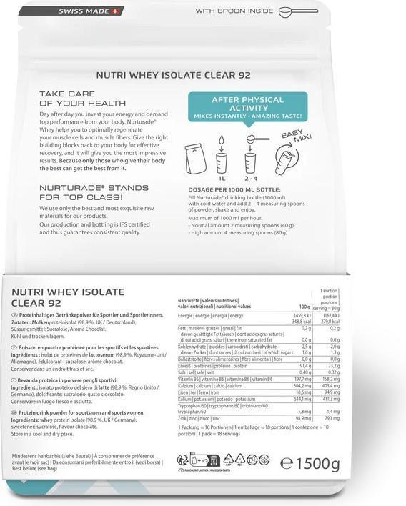 Nährwerte und Zutaten Nurturade Care CHOCO Nutri Whey Isolate Clear 92 % Pulver (Choco, 1 Stk., 1500 g)