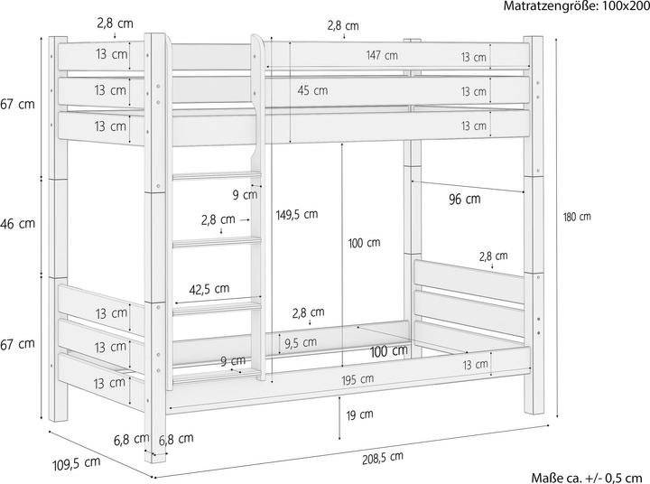 Nährwerte und Zutaten Erst-Holz Etagenbett Kiefer 100x200 teilbar, mit 2 Rollroste 2 Matratzen 2 Bettkästen 60.16-10T100MS2 (100 x 200 cm)