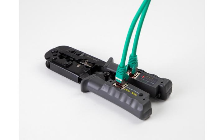 Productafbeelding Delock Krimptang met stripper en netwerktester voor 8P (RJ45), 6P (RJ12/11) of 4P (RJ10) stekkers (190 mm)