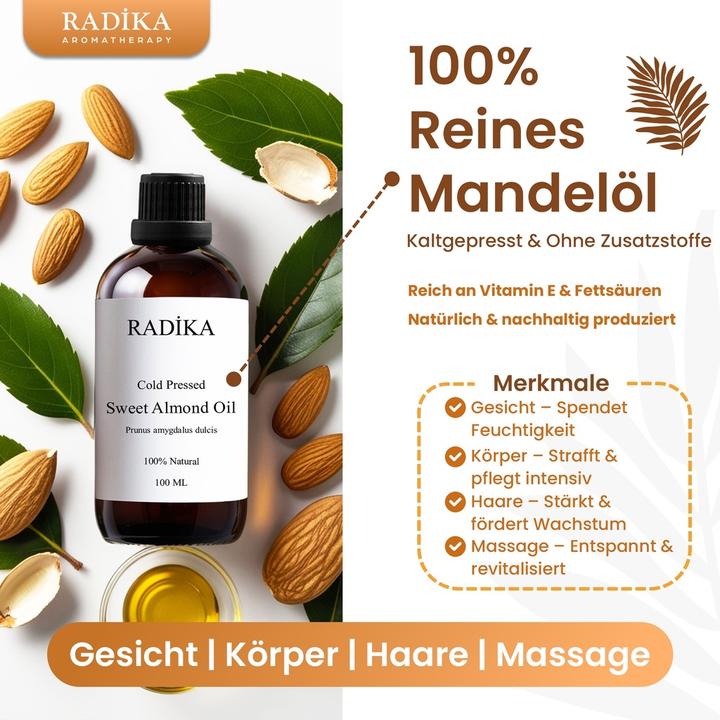 Image du produit Radika Huile d'amande douce, pressée à froid, 100% pure, BIO, naturelle, 100 ml (Huile pour le corps, 100 ml)