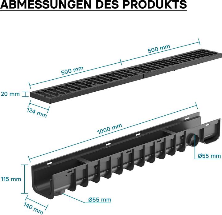 Produktbild Wiltec Entwässerungsrinne 1m Abdeckrost 12,5t Gusseisen Ablaufrinne Abwasserrinne