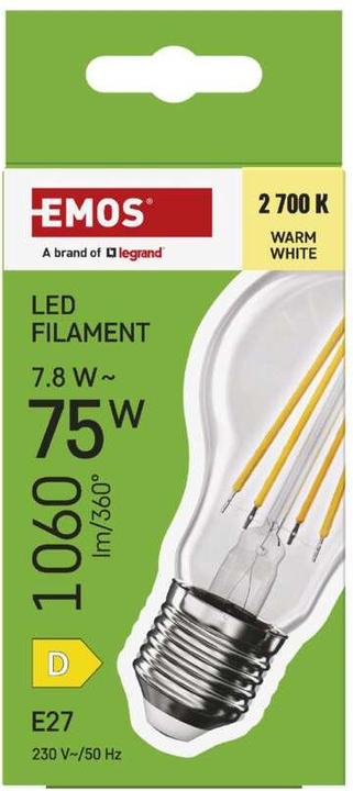 Produktbild Emos LED Lampe Filament A60 / E27 / 7,8 W (75 W) / 1060 lm / Warmweiss (E27, 7.80 W, 1060 lm, 1 x, D)