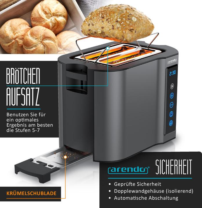 Produktbild Arendo Toaster Edelstahl 2 Scheiben Kurzschlitz, Display mit Restzeitanzeige, Touchpanel, Brötchenaufsatz