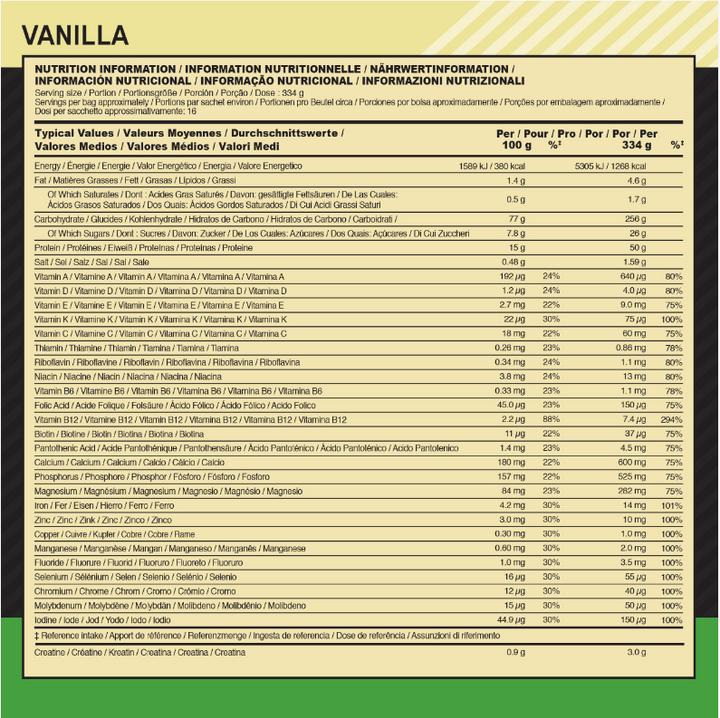 Nährwerte und Zutaten Optimum Nutrition Serious Mass (Sportgetränkepulver, Vanille, 1 Stk., 3022 g)