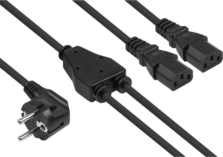 Produktbild Kabelmeister Y-Netzkabel Schutzkontakt-Stecker Typ E+F (CEE 7/7, gewinkelt) an 2x Buchse C13, schwa (2 m)