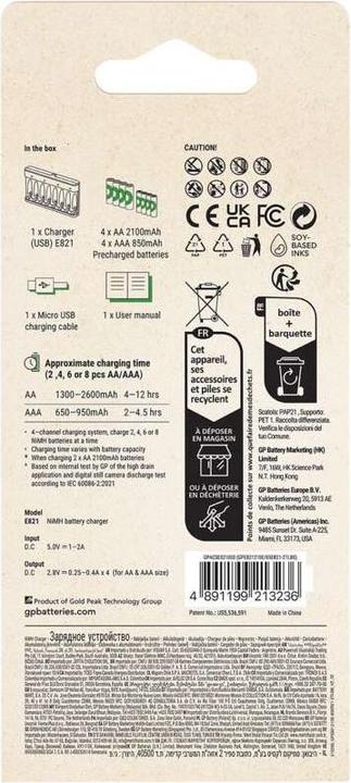 Productafbeelding GP Batteries Econ-oplader E821 + 4xAA (8 Pcs., AAA, AA, 2100 mAh, Oplaadbare batterijen + lader)