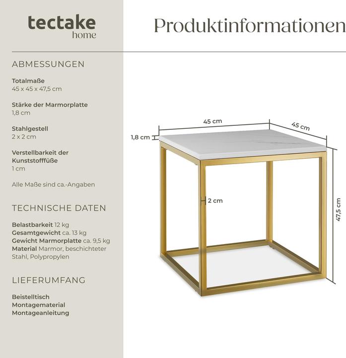 Produktbild tectake Marmor-Beistelltisch Alysia, quadratisch (45 x 45 x 47.5 cm)