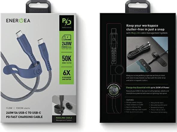 Actual product image Energea cable Flow USB-C - USB-C 1.5m niebieski/blue 240W 5A PD Fast Charge (1.50 m, USB 3.2 Gen 2, 240 W)