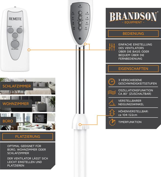 Actual product image Brandson Pedestal fan, 42 cm Ø, pedestal fan, remote control, tiltable 30°, 50W, oscillation 80°, white/blue (45.60 dB)