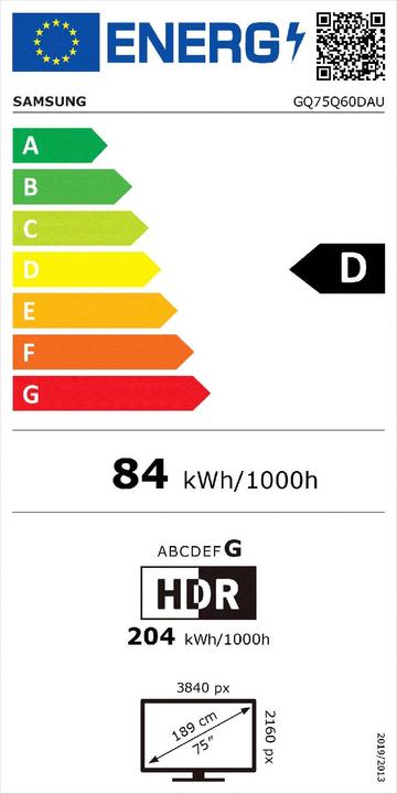 Label énergétique Samsung Q60D 75 pouces QLED Smart TV Q75Q60DAU 2024 (75", Q60D, QLED, 4K, 2024)