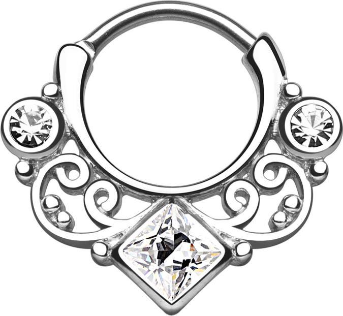 Star Piercing Septum mit zwei runden und einem grossen viereckigem Kristall silber (Messing, Chirurgenstahl 316L)