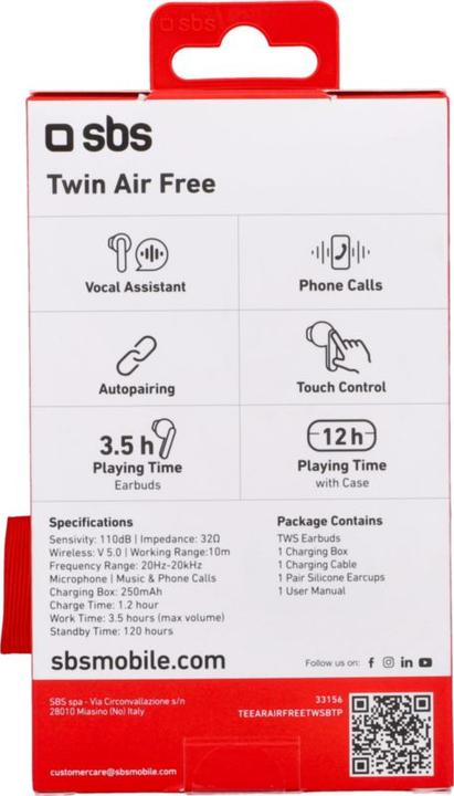 Image du produit SBS Air Free - Casque TWS avec station de recharge de 250 mAh (3.50 h, Sans fil)