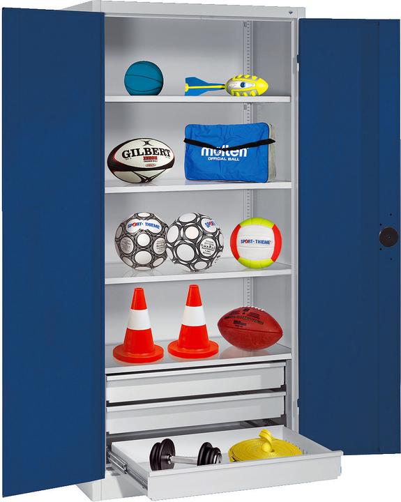 C+P Sportgeräteschrank mit Schubladen (HxBxT: 195x120x50 cm, mit Vollblech-Flügeltüren, Typ 4)
