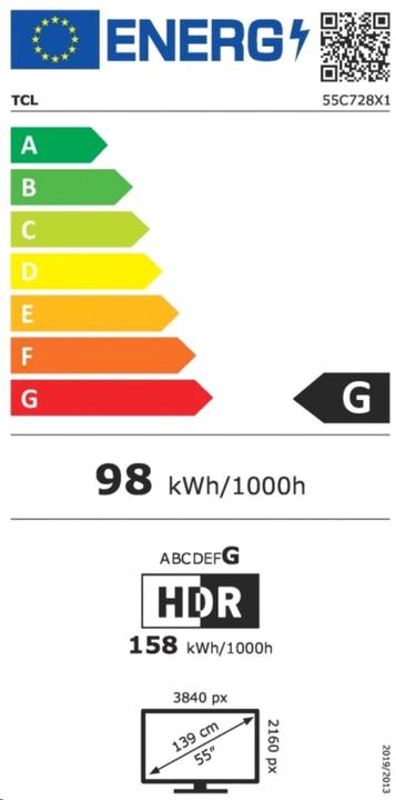 Etichetta energetica TCL 55C728 (55", C728, QLED, 4K, 2021)