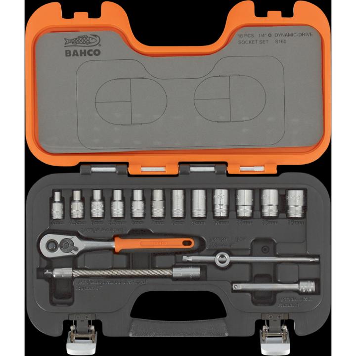Produktbild Bahco 1/4"-Steckschlüssel-Satz, metrisch, Sechskant, inklusive Umschaltknarre - 16-teilig (6 mm, 12 mm, 10  mm, 7 mm, 11 mm, 5 mm, 8 mm, 9 mm, 13 mm, 4 mm)