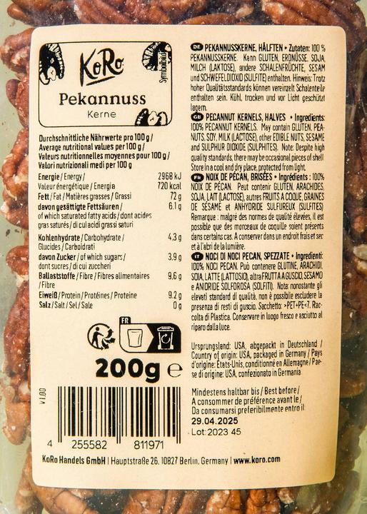 Nährwerte und Zutaten KoRo Pekannusskerne, Hälften (200 g)