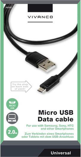 Produktbild Vivanco Micro USB Kabel,USB2.0 kompatibel,A-Stecker auf micro B-Stecker, schwarz, 2m (2 m, USB 2.0)