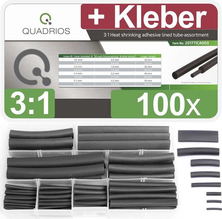 Produktbild Quadrios Premium-Schrumpfschlauch Sortiment, 100 teilig – Schrumpfrate 3:1, mit Innenkleber (100 x)