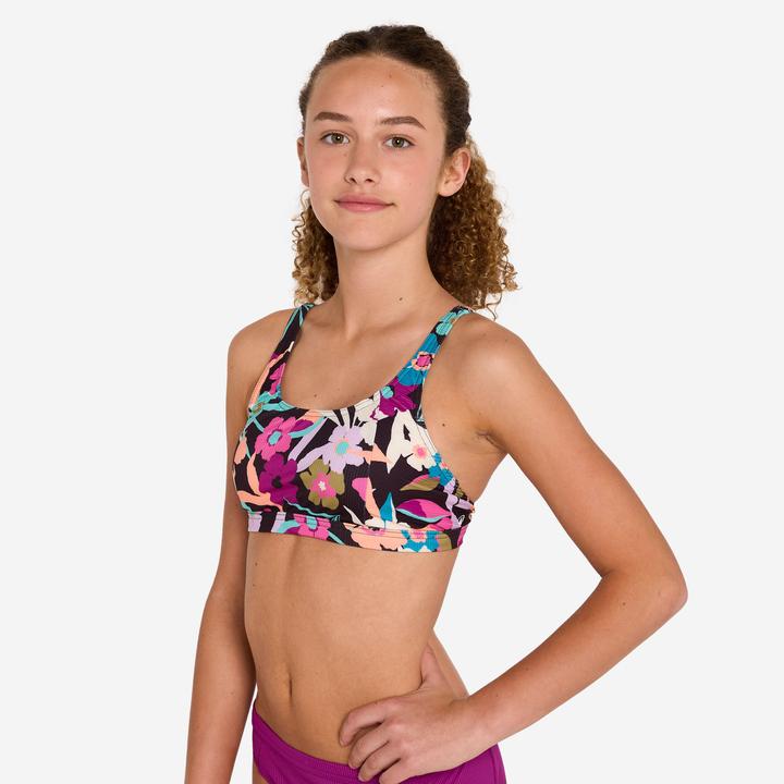 Image du produit Olaian Haut de maillot de bain brassière fleuri réglable Fille - 500 Nora azalea noir
