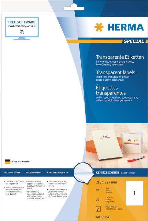 Produktbild HERMA Transparente Inkjet Etiketten A4