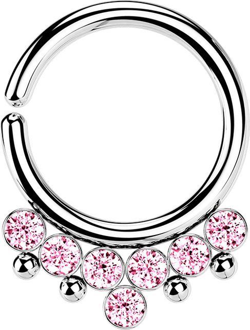 Star Piercing Micro Piercing Ring silber vier Kugeln und sieben Kristalle pink (Chirurgenstahl 316L, ohne Messing)